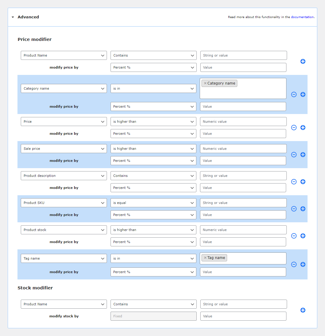 Product mapper screen - Advanced section