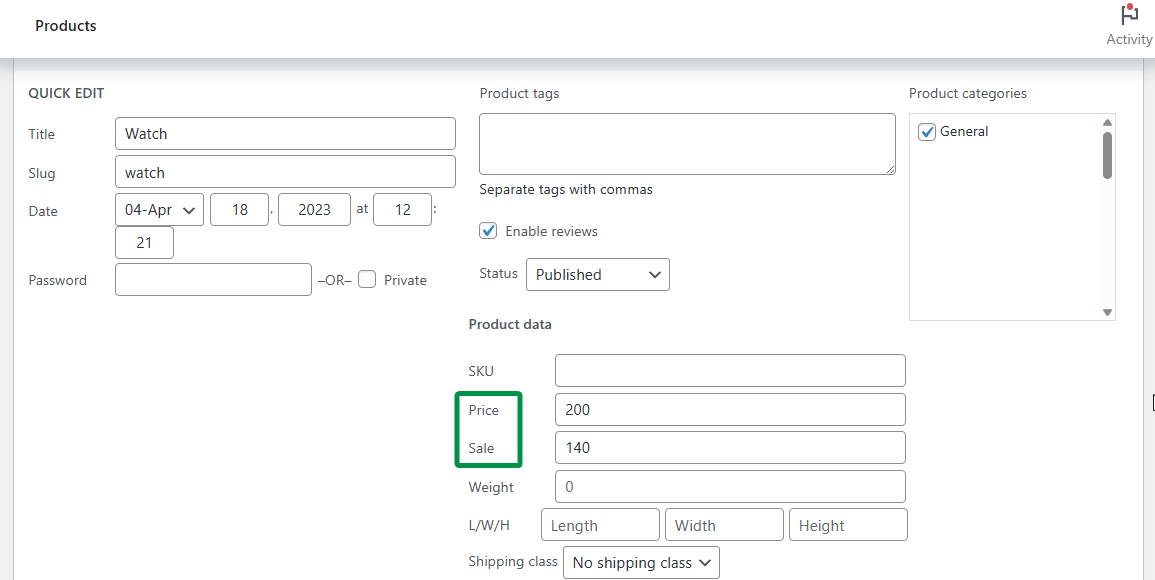 Edit product price in the Quick Edit view