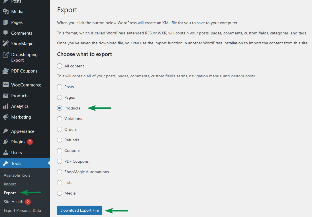 Export products in WordPress