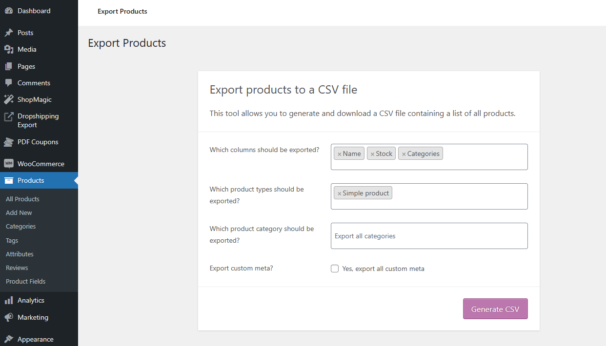 Export WooCommerce products to a CSV - default exporter