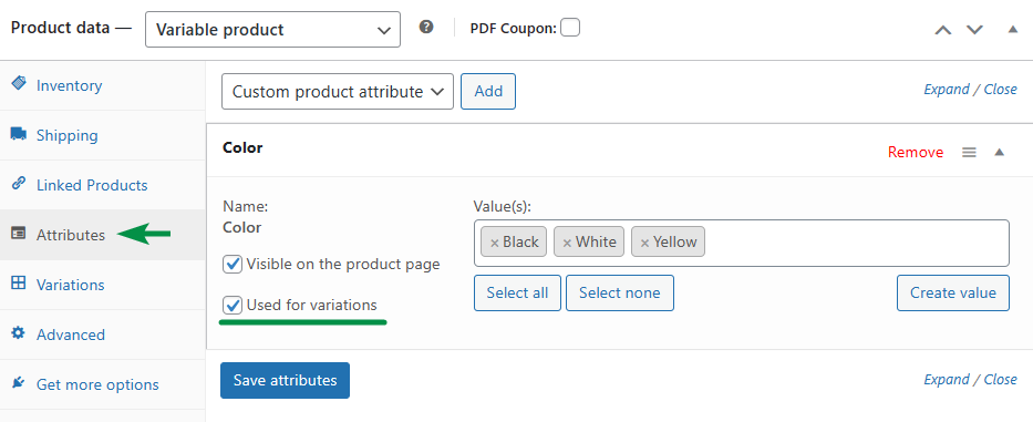 Use attributes for product variations