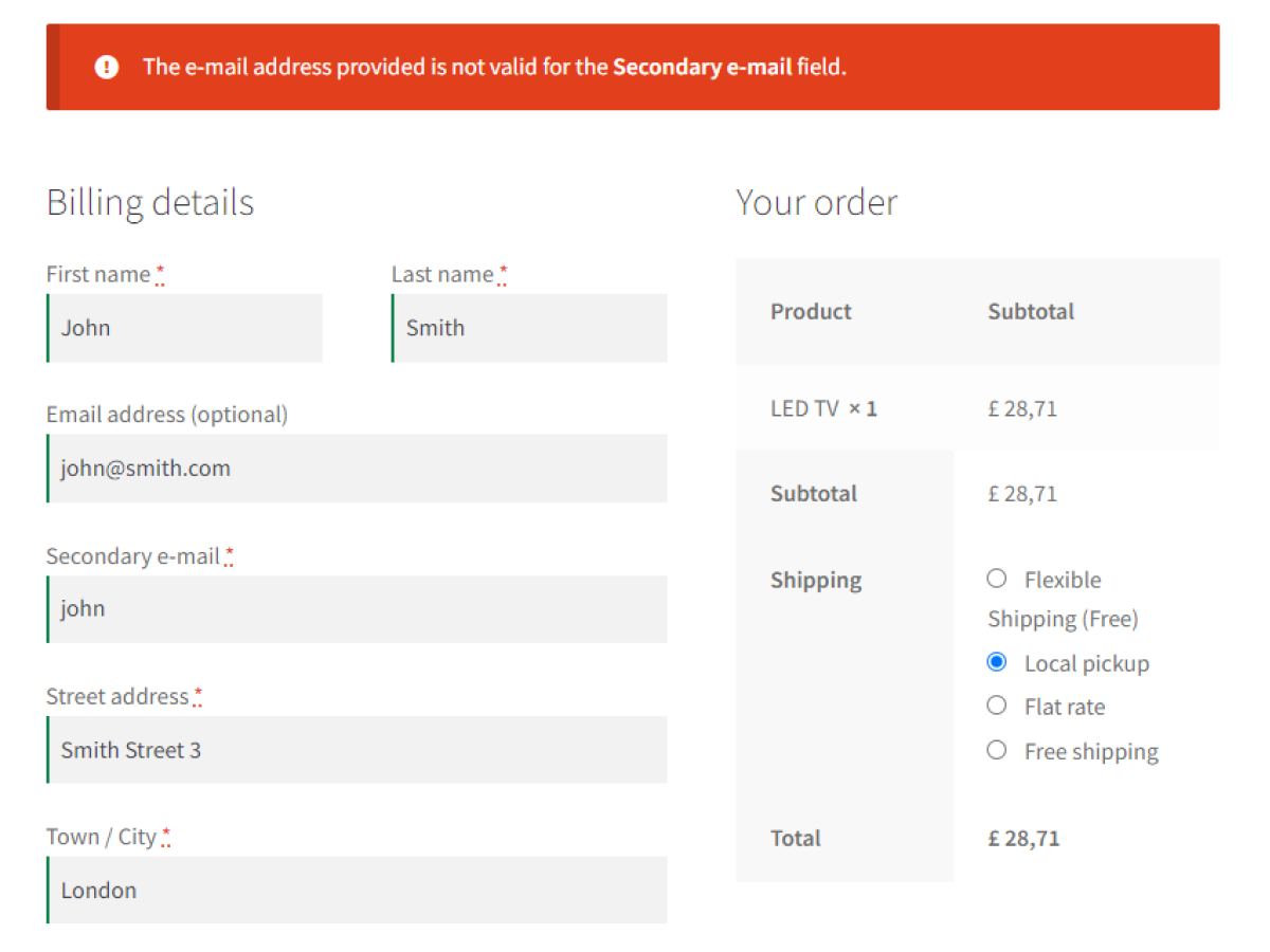 Flexible Checkout Fields for WooCommerce - validation