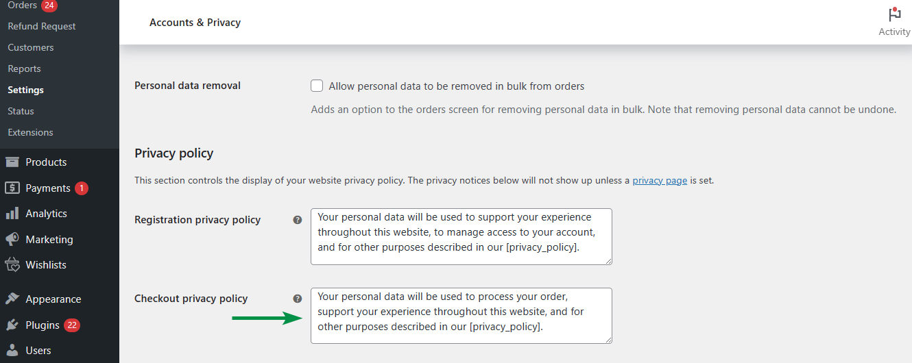 Checkout privacy or refund policy message in WooCommerce