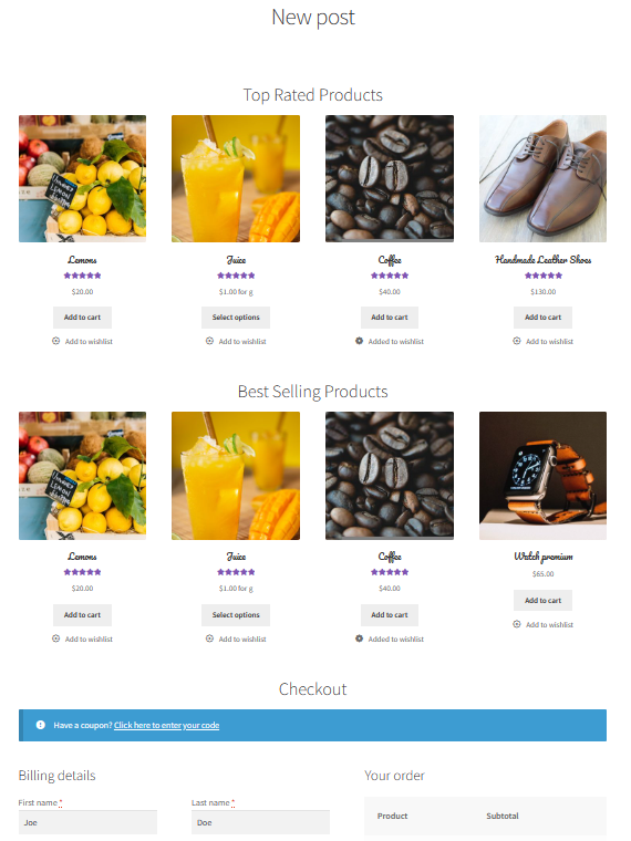 Custom page created with WooCommerce shortcodes