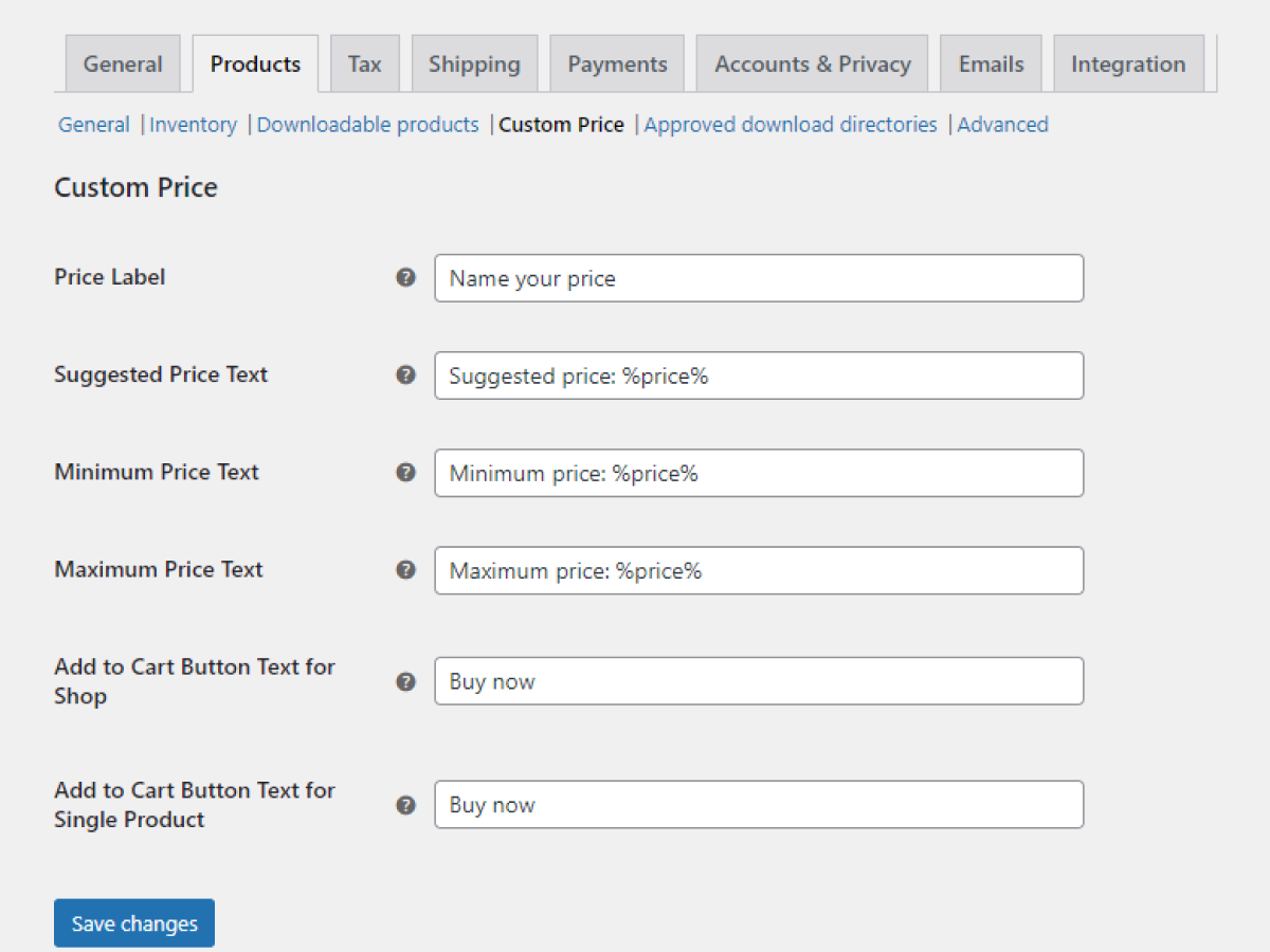 Custom Price for WooCommerce - settings and change add to cart button text