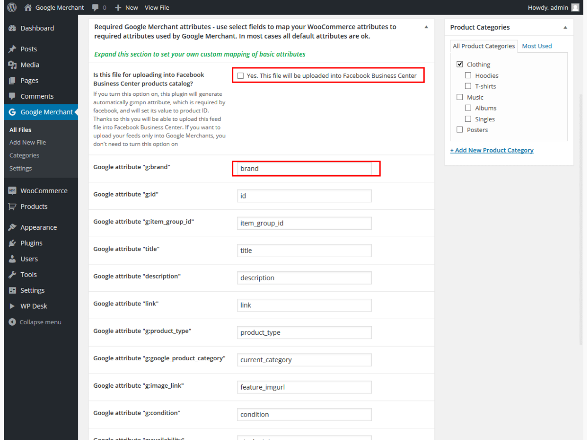 Google Merchant Center XML WooCommerce - mapping product attributes