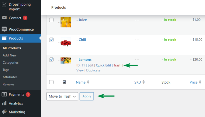 Hide WooCommerce products by moving them to trash