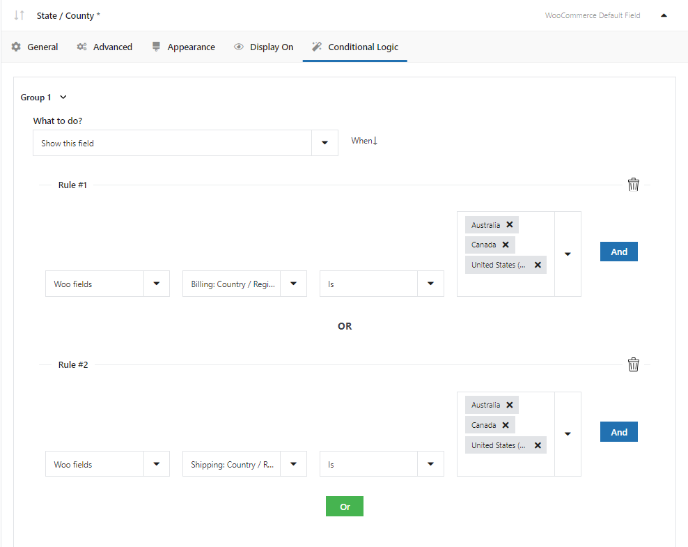 wordpress conditional forms based on county