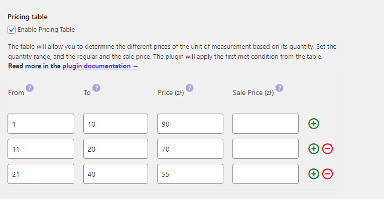 Dynamic prices with the pricing table - prices based on the quantity of the new unit of measure of the WooCommerce product