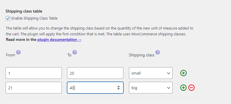 Shipping class table - change the WooCommerce product shipping class based on the quantity of the new unit of measure to adjust the shipping cost