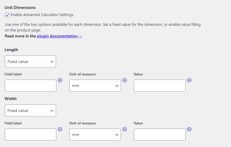 Flexible Quantity Calculator for WooCommerce-are units settings