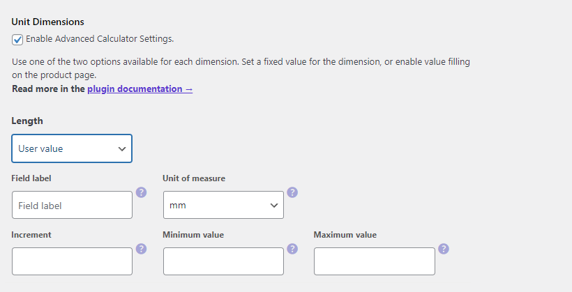 Flexible Quantity calculator for WooCommerce - lenght settings