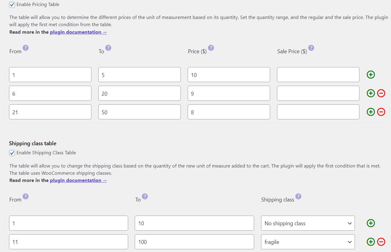 Additional plugin settings - pricing and shipping class tables