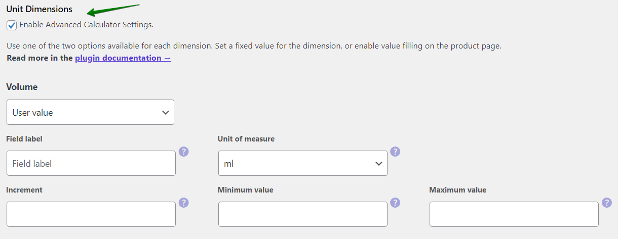 Enable Unit Dimensions of the WooCommerce price calculator plugin