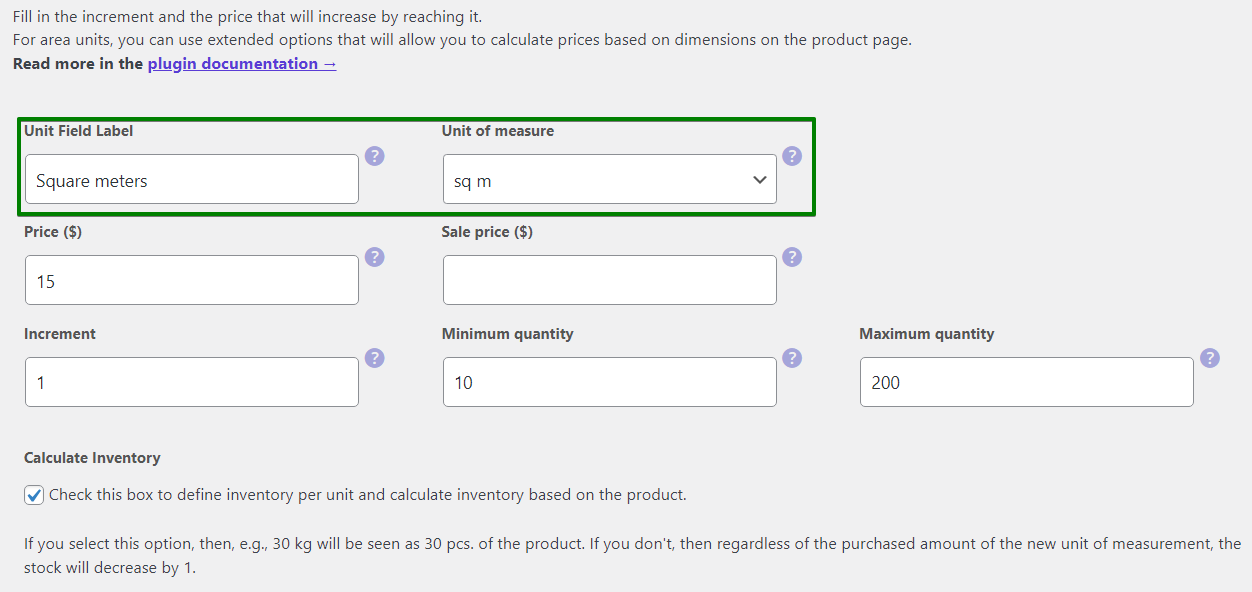 Flexible Quantity - new unit of measure - square meters for a WooCommerce product to calculate the price based on the unit dimensions