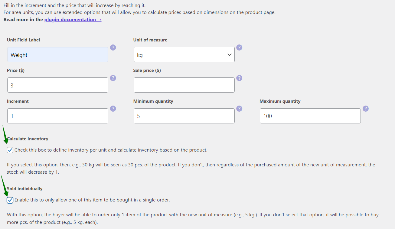 Inventory management and sold individually options for WooCommerce products with a new unit of measure