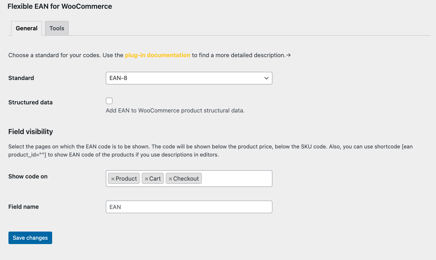 WooCommerce EAN - Main settings with options for generation and display