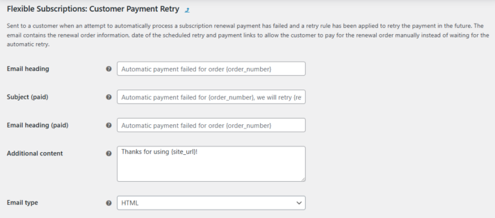 Email template to on payment retry