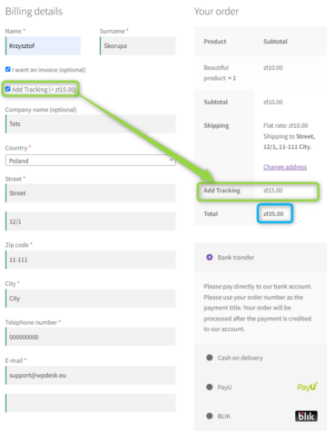 Add tracking fee WooCommerce checkout – checkbox field