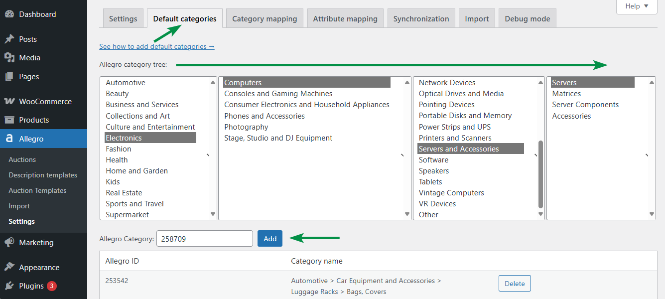 Adding a default category in Allegro WooCommerce