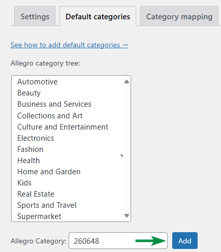 Adding Allegro category using a number