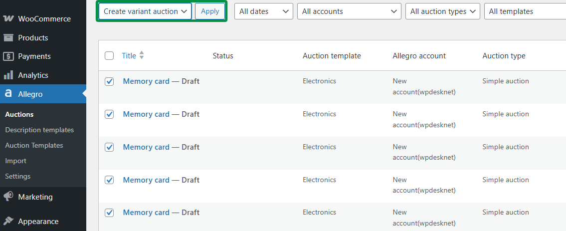 Adding multi-variant auctions from simple auctions