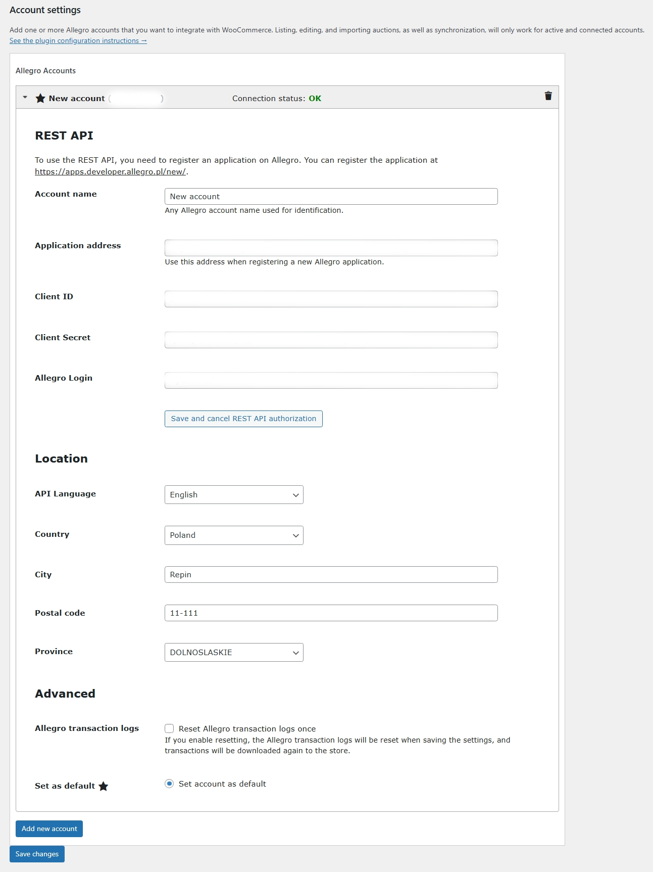 Allegro WooCommerce - account settings - REST API