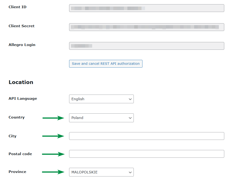 Allegro WooCommerce - API and address settings