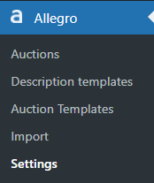 Allegro WooCommerce plugin menu