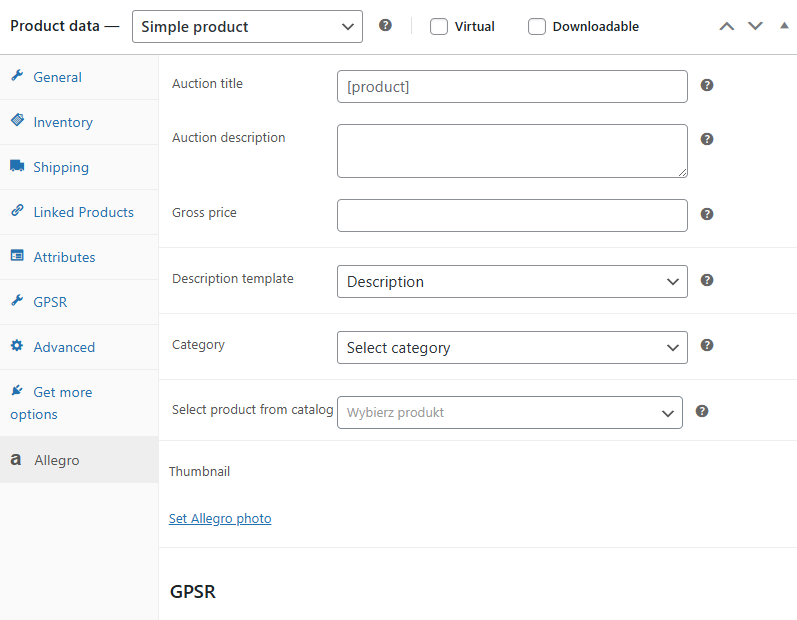 Allegro WooCommerce - product settings