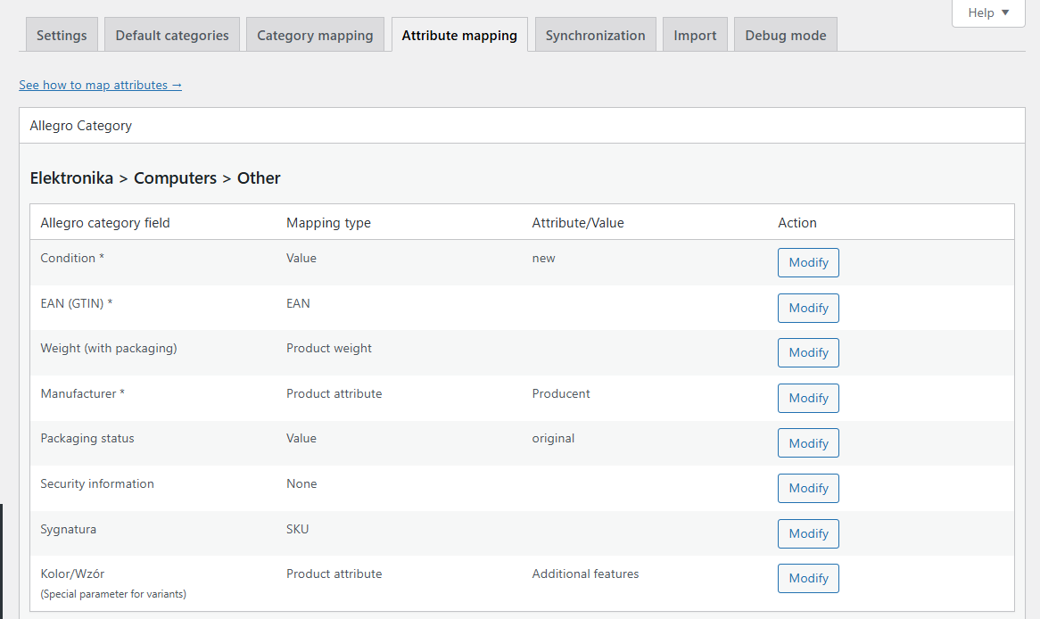 Attribute mapping - Allegro WooCommerce