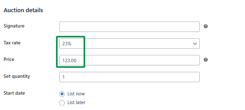 Auction details - tax rate and price