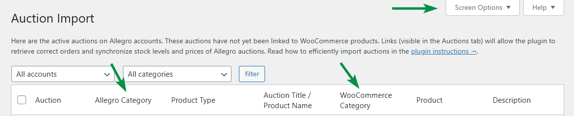 Auction import - Allegro and WooCommerce category mapping