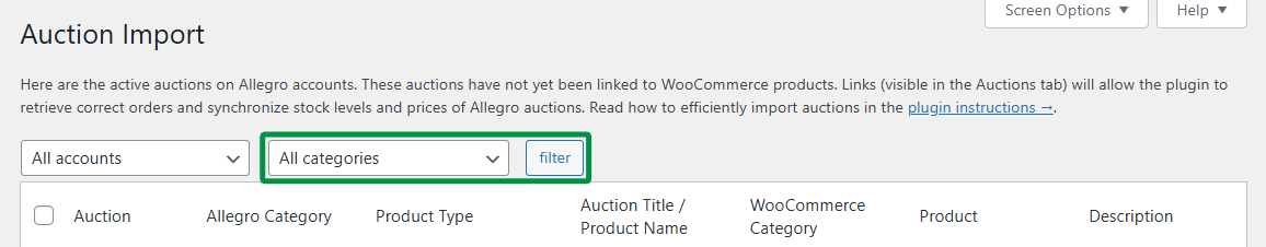 Auction import - category filter