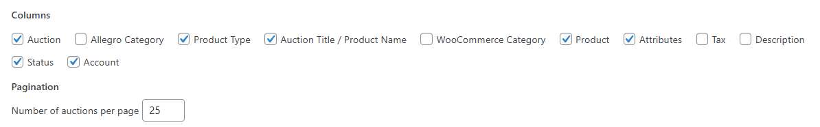 Auction import screen options