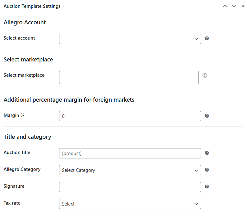 Auction template settings (account, marketplace, additional margin for foreign markets, title and category)