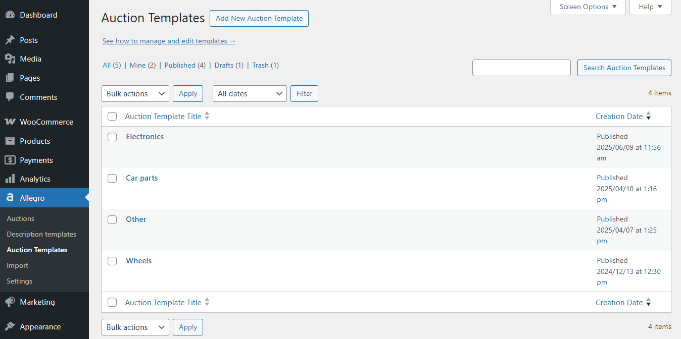 Auction templates list in Allegro WooCommerce