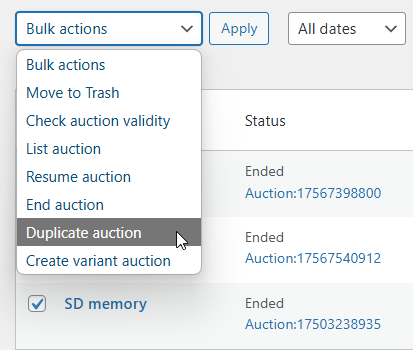 Bulk duplicating auctions from the auction list