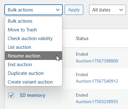 Bulk resuming auctions from the auction list