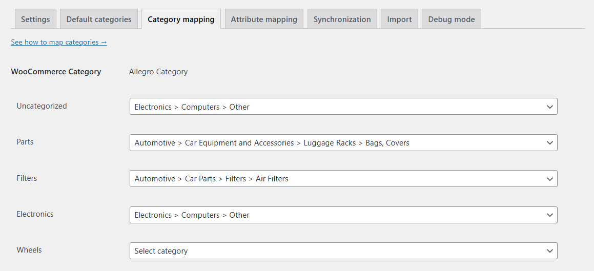 Category mapping settings - Allegro WooCommerce