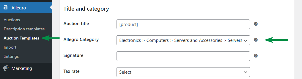 Changing the auction category in the auction template