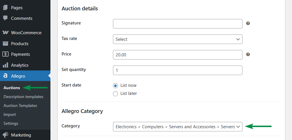Changing the auction category