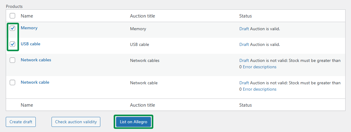 Choosing products to list as Allegro auctions