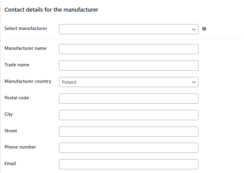 Contact details for the manufacturer - auction template