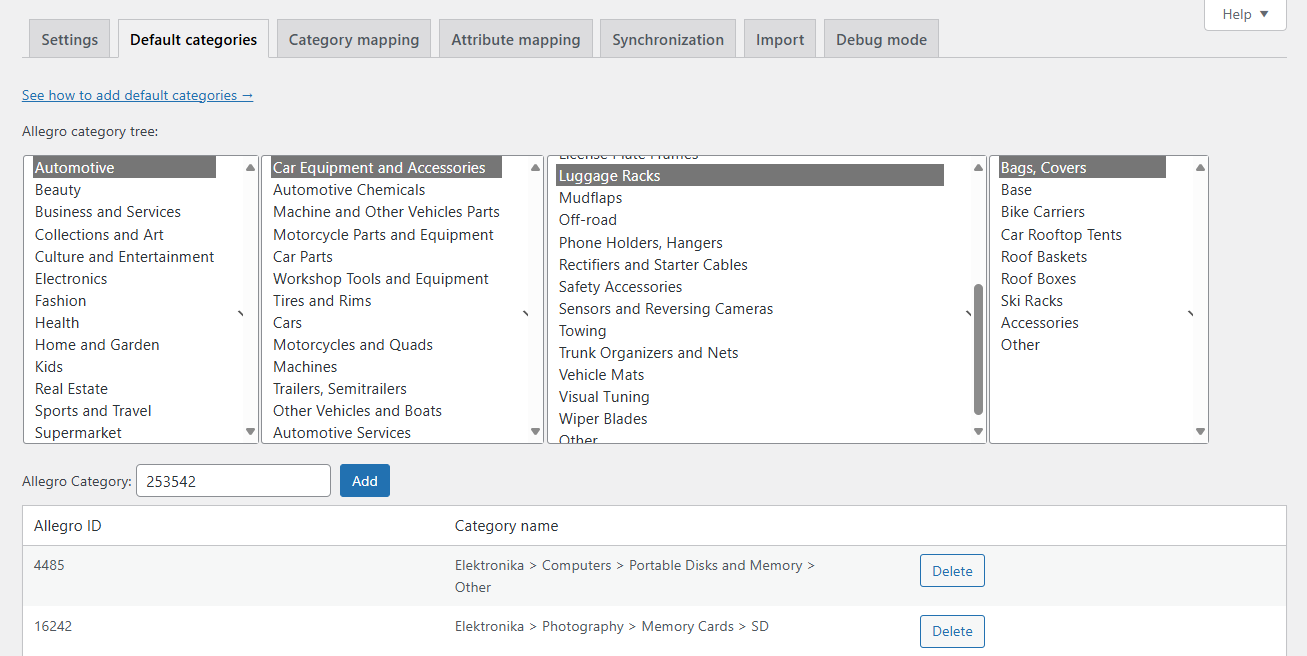 Default categories - Allegro WooCommerce