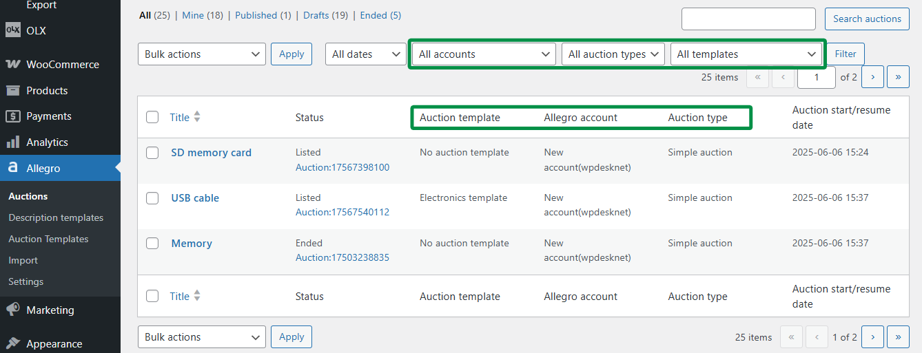 Filter auctions and Allegro accounts in the auction screen