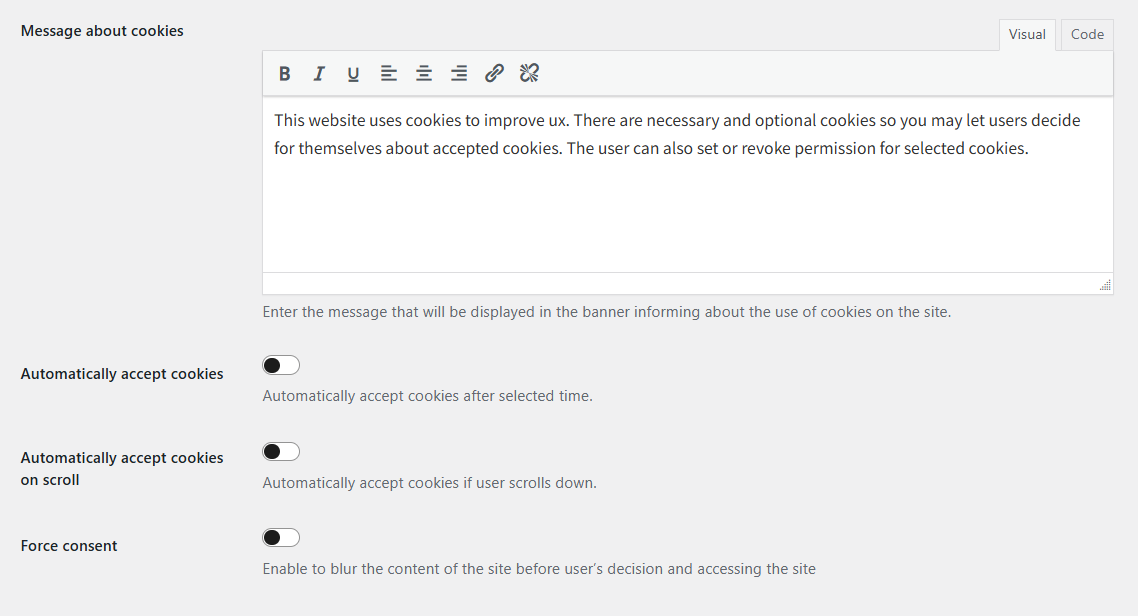 General settings - automatic cookie consent functionalities in Flexible Cookies