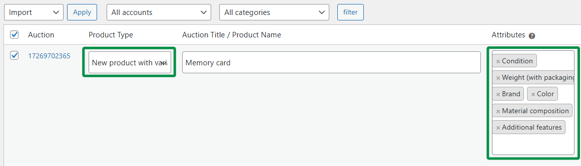 Import auctions - product with variations
