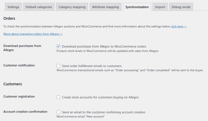 Importing orders from Allegro to WooCommerce - settings