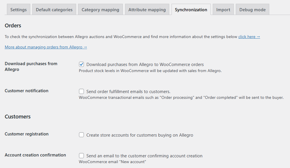 Importing orders from Allegro to WooCommerce - settings